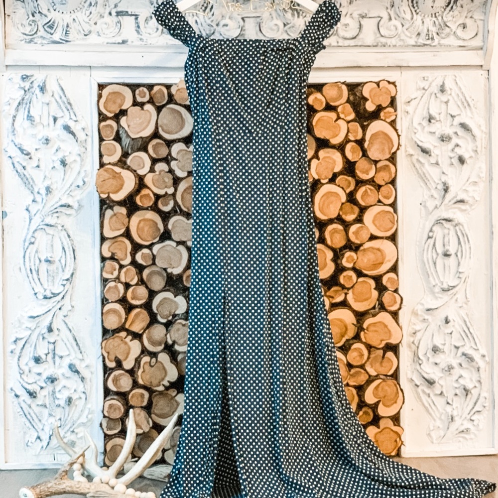 Navy Blue Polka Dot Floor Length Dress